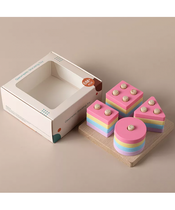 2026 New Bpa Free Organic Soft Silicone Stacking Geometry Baby Toys Wooden Building Blocks With Gift Box
