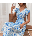 100% polyester women's dress fashionable and elegant floral deep V short sleeve women's casual belt long dress summer dress