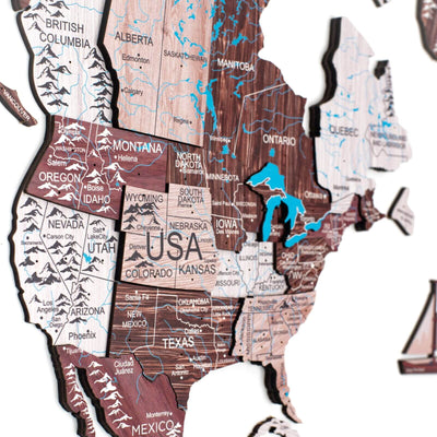 3D Wooden World Map Cappuccino - Size L Prime Plus