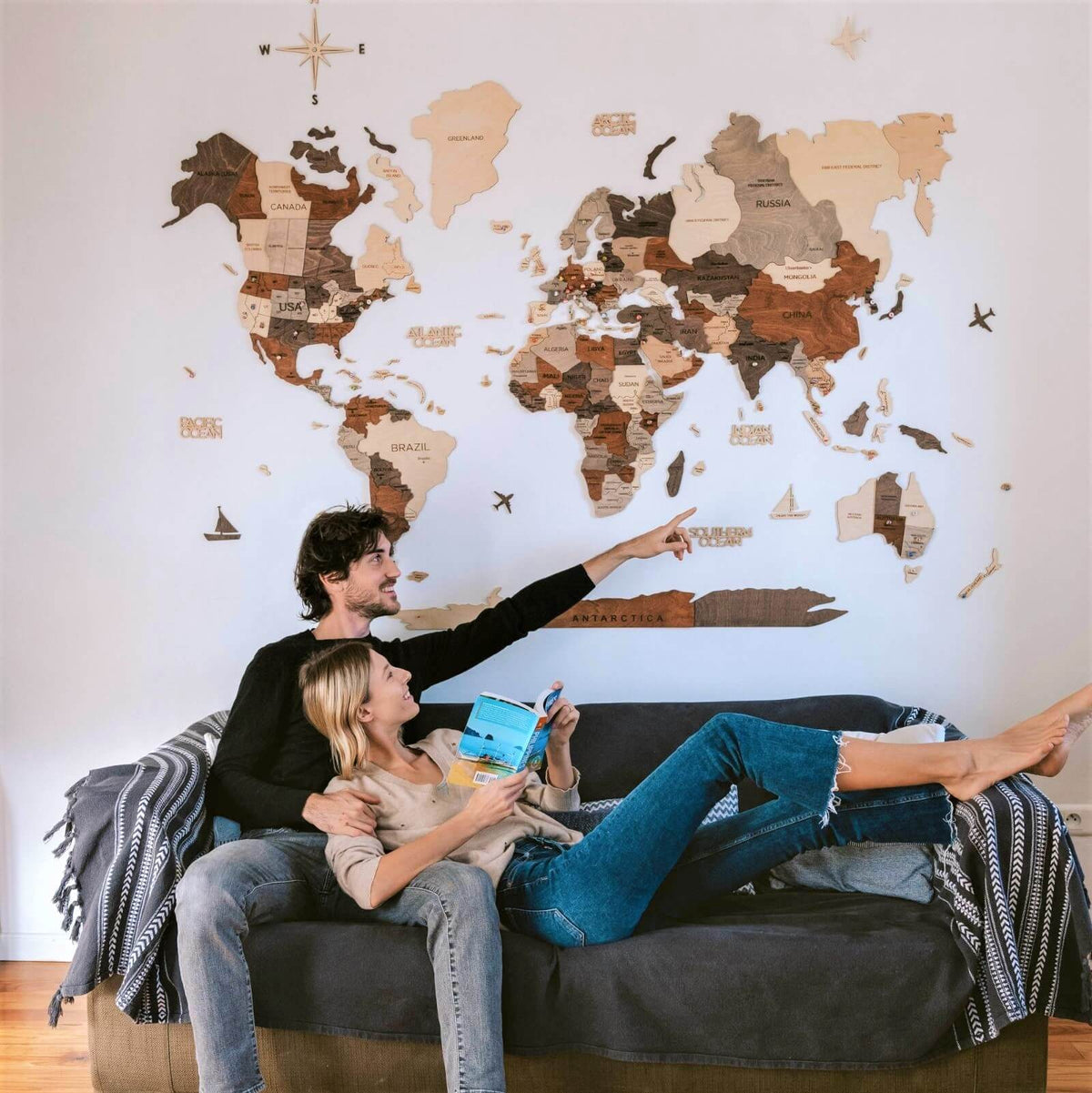 3D Wooden World Map Multicolor - Size L Prime