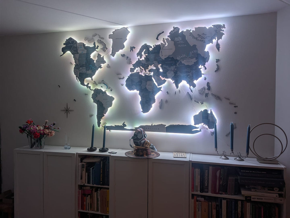 3D LED / LUMINOUS Wooden World Map Aqua - Size L Prime Plus