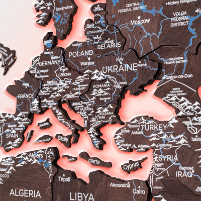 3D LED Wooden World Map Dark Walnut - Size L Prime
