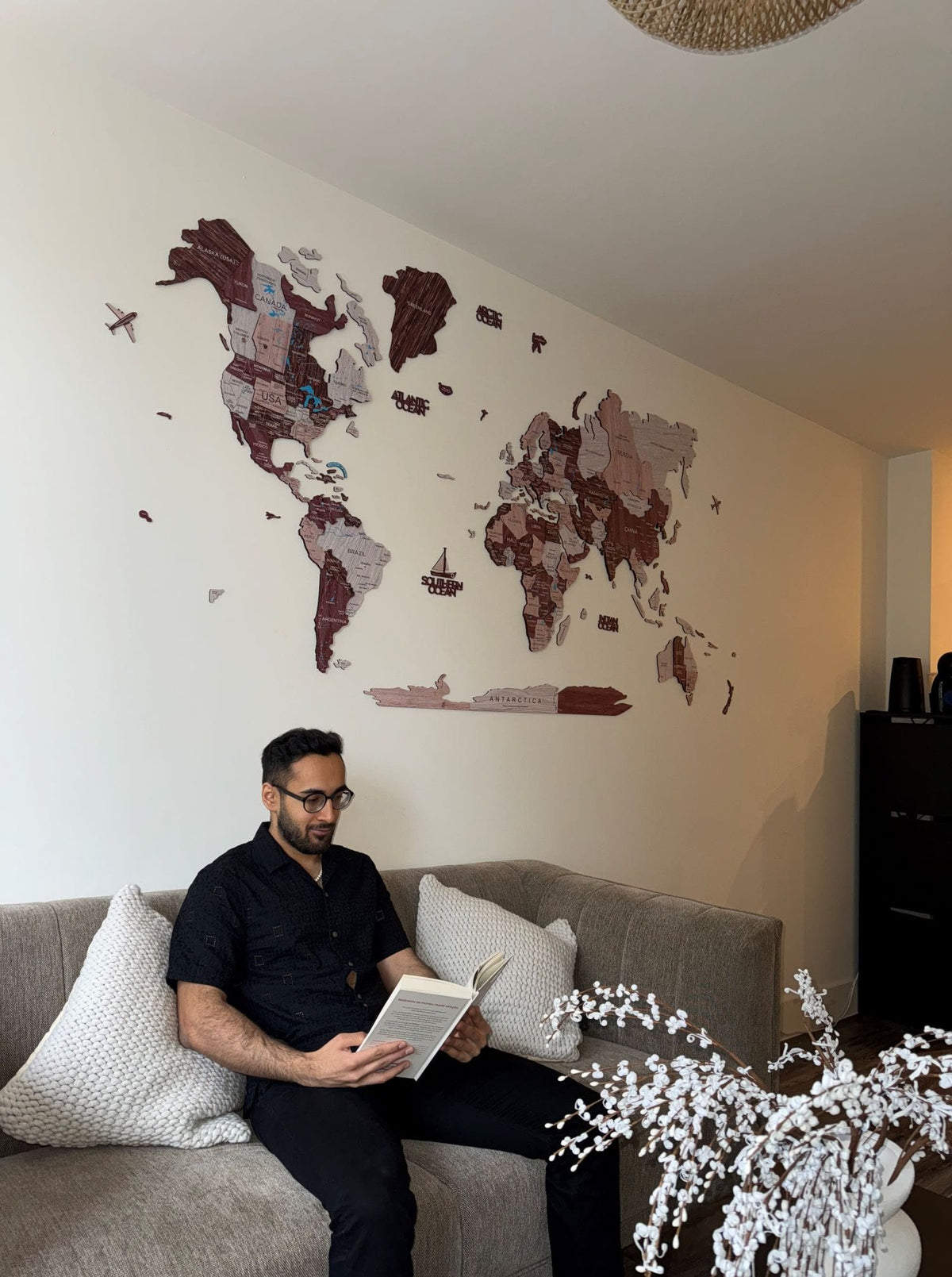 3D Wooden World Map Cappuccino - Size XL Prime Plus
