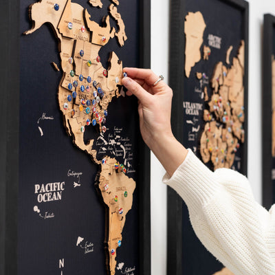 3D Wooden Triptych World Map Gold - Size L Black