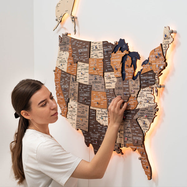 Wooden 3d LED Map of USA - Multicolor