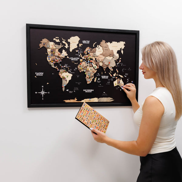 3D Wooden Panel World Map - Smokey